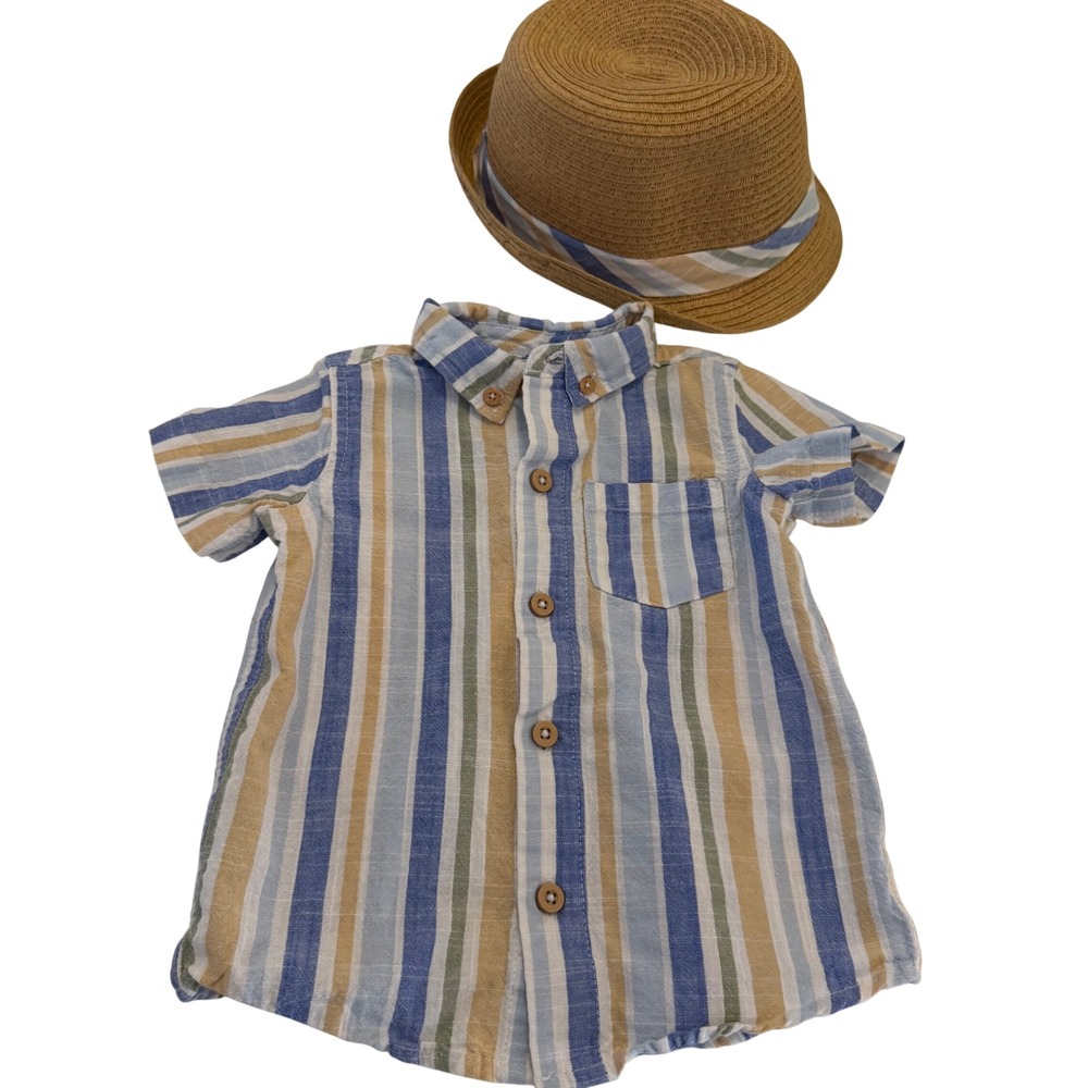 Tommy Bahama Toddler Boys 24M Striped Linen Shirt and Fedora Hat 2pc Set